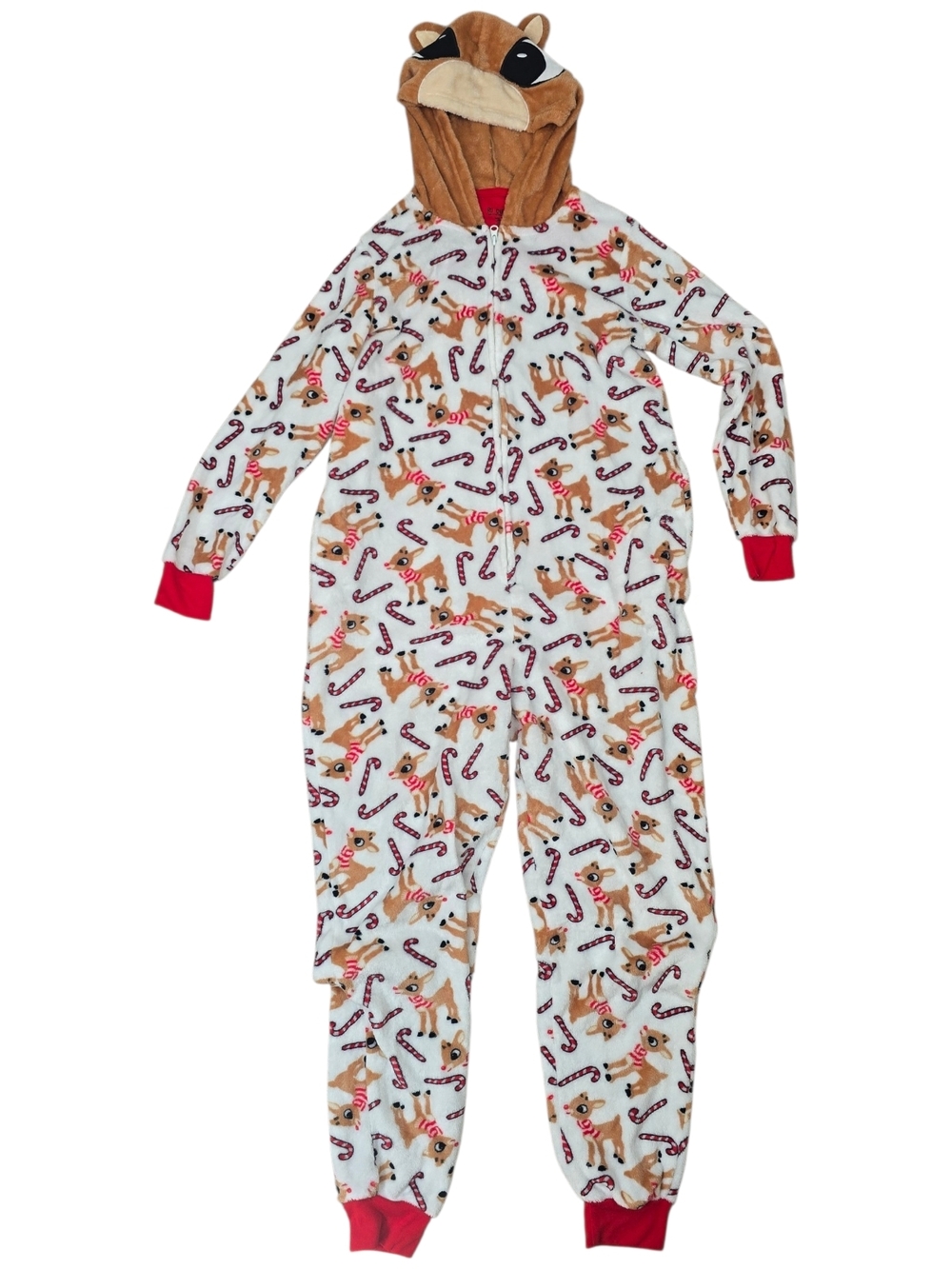 Cozy Reindeer Hooded Onesie Pajama - White with Red Accents